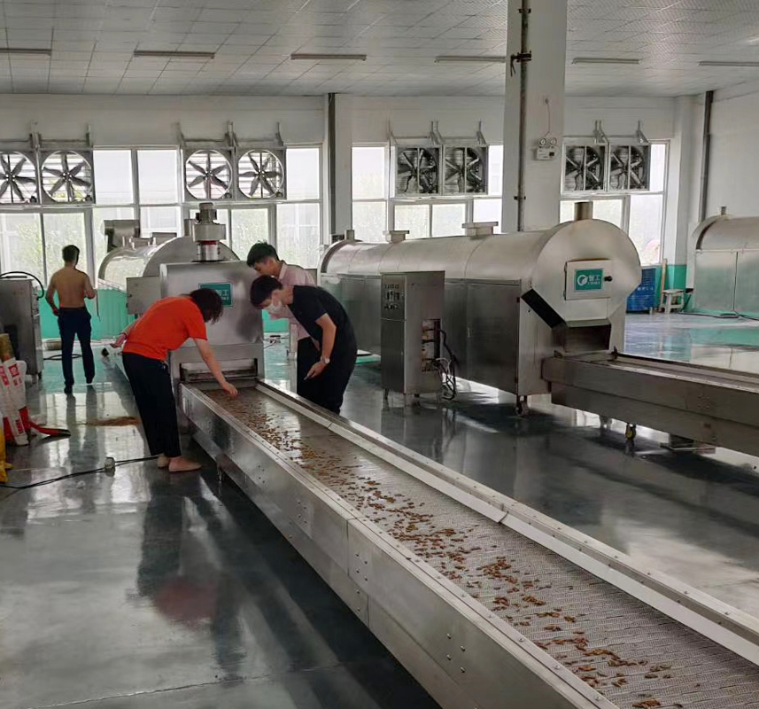 5月18日，广西南宁客户趁周末带原料（虫子-黑水虻）来厂试机6米电磁流水线试机炒制！